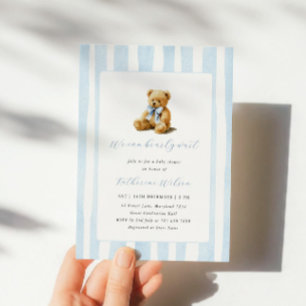 Elegant Blue Stripes Teddy Bear Baby Shower  Invitation