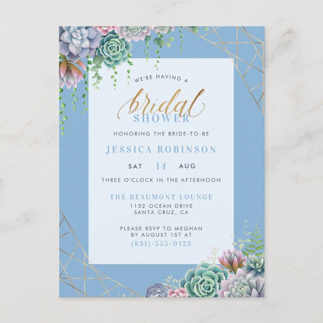 Elegant Blue Succulents & Gold Frame Bridal Shower Invitation Postcard (Front)
