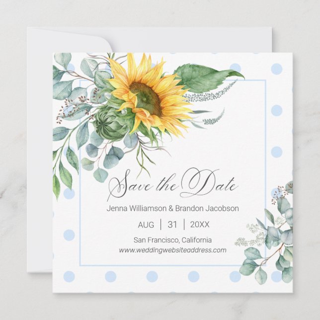 Elegant Blue Sunflower Eucalyptus Save the Date (Front)