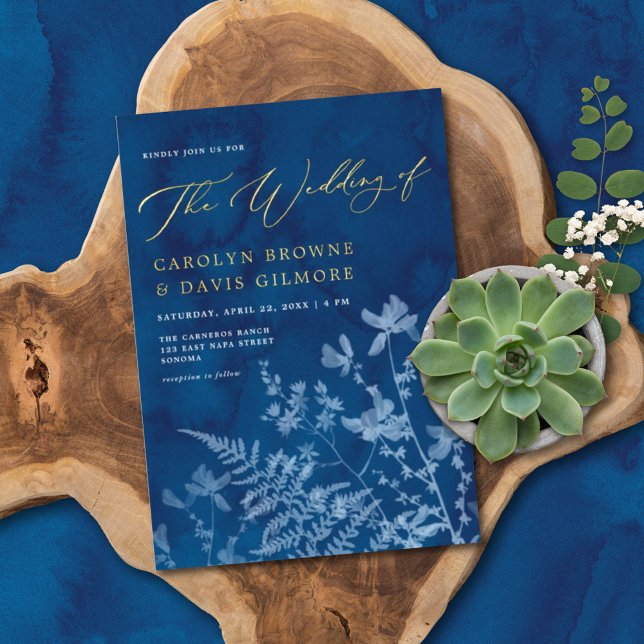 Elegant Blue Sunprint Boho Botanical Wedding Gold (Creator Uploaded)