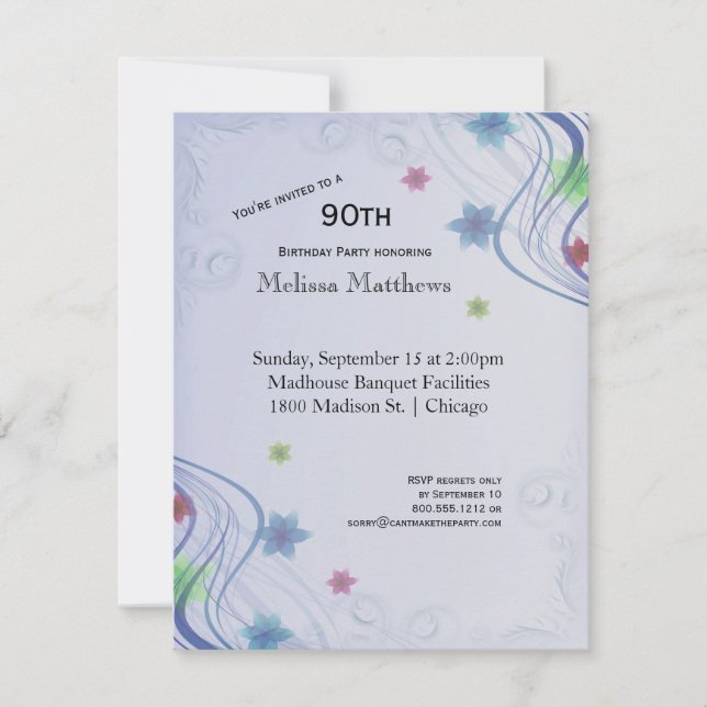 Elegant Blue Swirls And Colourful Waterflowers Invitation (Front)