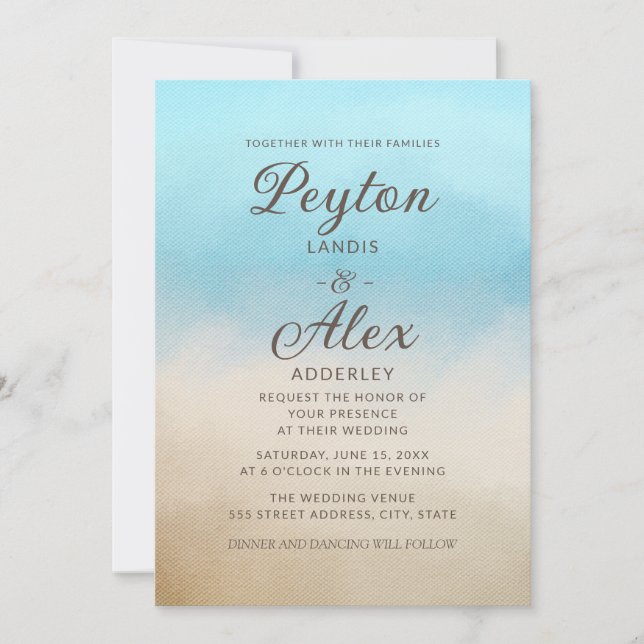 Elegant Blue Tan Watercolor Beach Ocean Inspired  Invitation (Front)