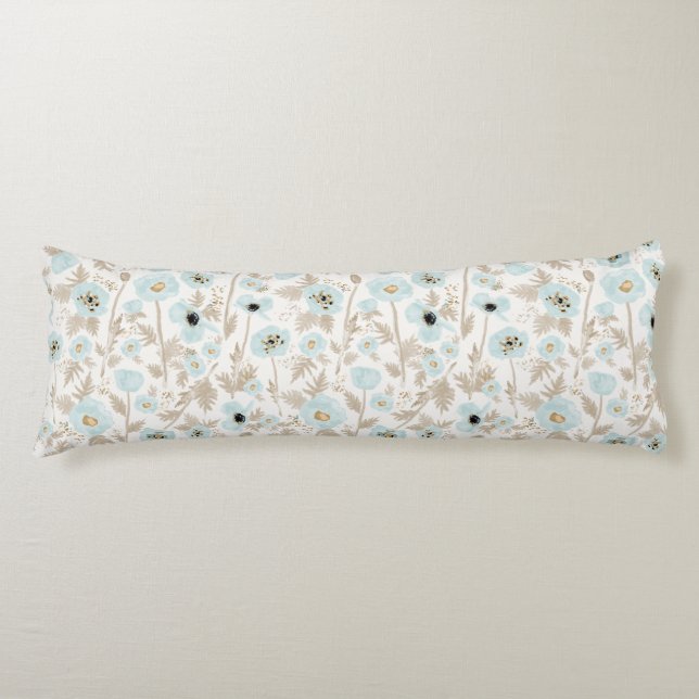 Elegant Blue Tan Watercolor Poppies Body Cushion (Front)