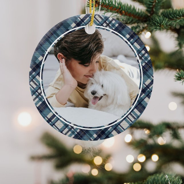 Elegant Blue Tartan Plaid Christmas Monogram Photo Ceramic Tree Decoration (Creator Uploaded)