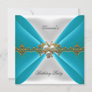 Elegant Blue Teal Birthday Gold Jewel White Silk Invitation