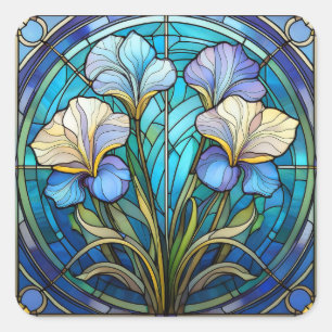 Elegant Blue Teal Floral Art Nouveau Stained Glass Square Sticker