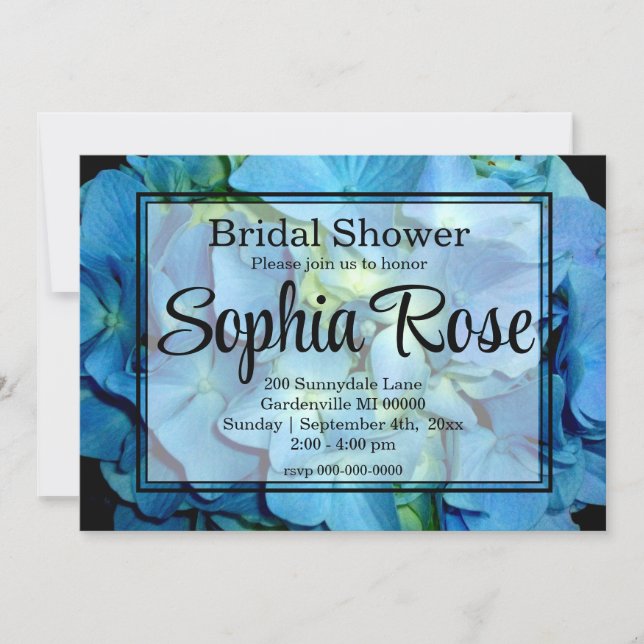 Elegant blue teal floral hydrangeas blue roses invitation (Front)