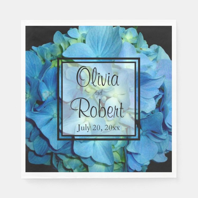 Elegant blue teal floral hydrangeas blue roses napkin (Front)