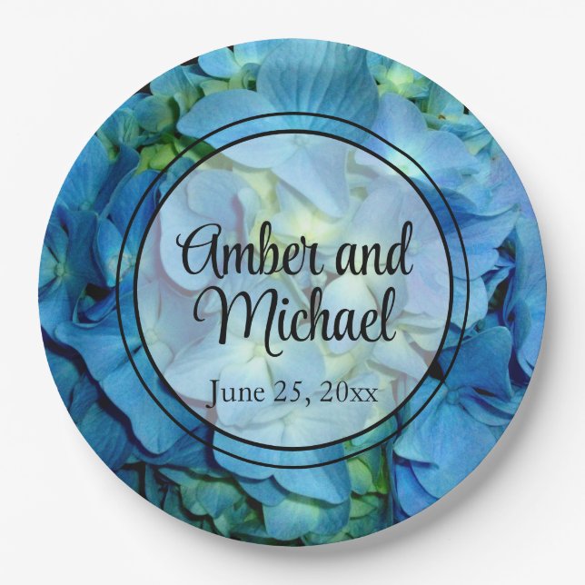 Elegant blue teal floral hydrangeas blue roses paper plate (Front)