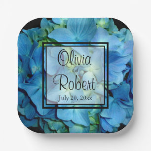 Elegant blue teal floral hydrangeas blue roses paper plate