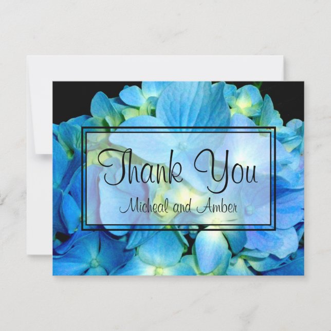Elegant blue teal floral hydrangeas blue roses thank you card (Front)