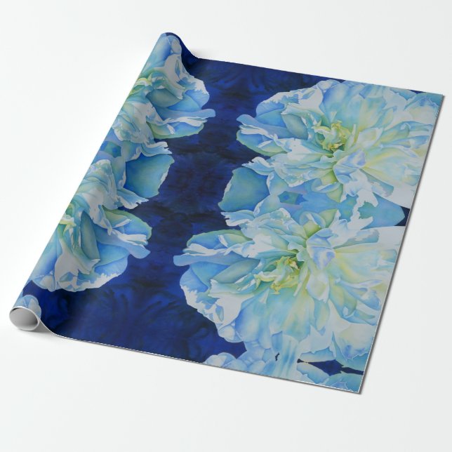 Elegant blue teal floral watercolor  wrapping paper (Unrolled)