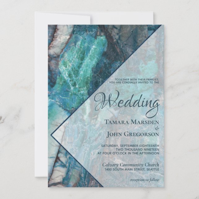 Elegant Blue Teal Marble Geometric Wedding Invitation (Front)