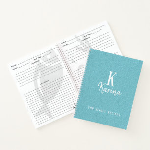 Elegant blue teal monogram script name recipe notebook