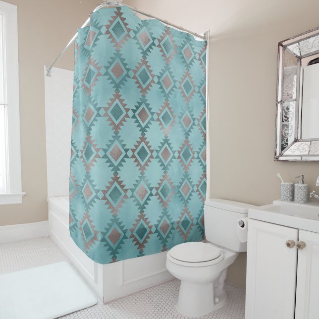 Elegant Blue Teal Southwestern Diamond Pattern Shower Curtain (In Situ)
