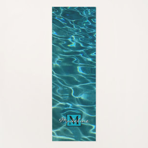 Elegant blue teal water pattern monogram yoga mat