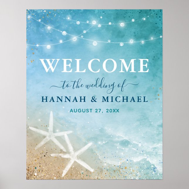 Elegant Blue Teal Watercolor Beach Welcome Party Poster (Front)