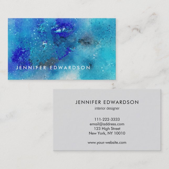 Elegant blue teal watercolor splatter professional business card (Front/Back)
