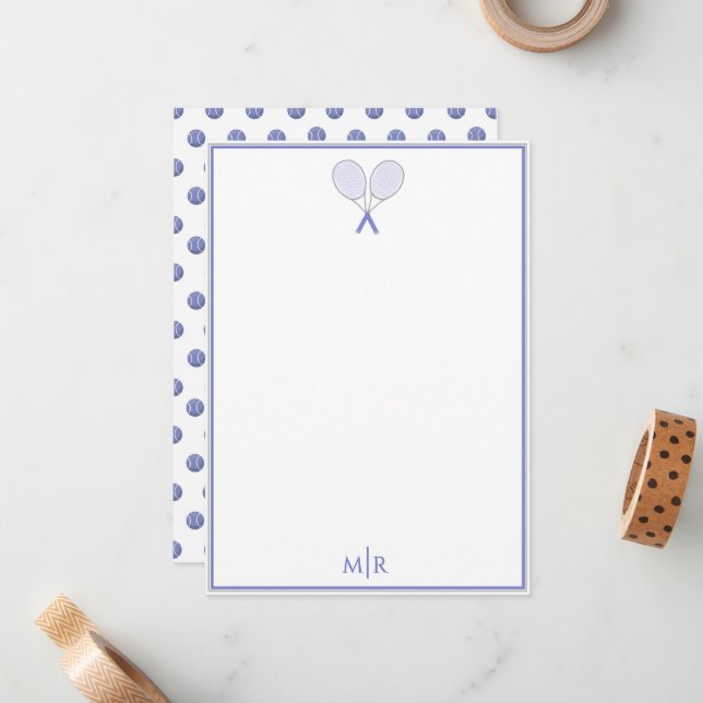 Elegant Blue Tennis Letter Monogram Flat Note Card (Front/Back In Situ)
