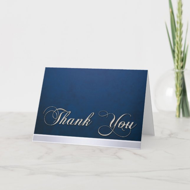 Elegant Blue Texture Modern Silver Thank You Card (Front)