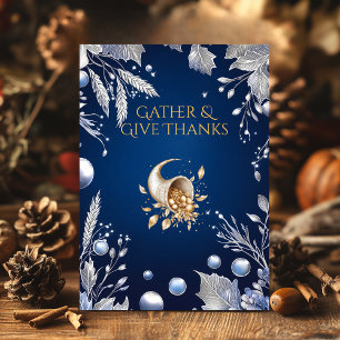 Elegant Blue Thanksgiving with Cornucopia & Silver Invitation
