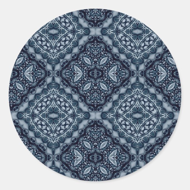 Elegant blue tile pattern classic round sticker (Front)