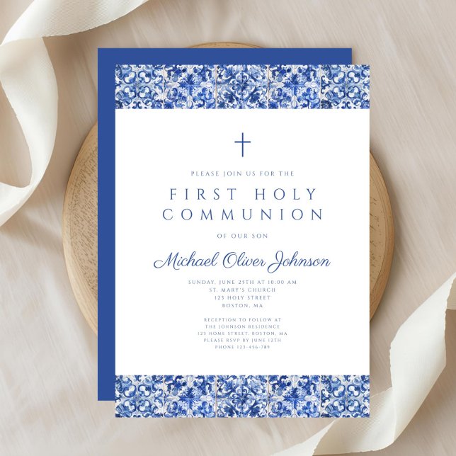 Elegant Blue Tiles Boy First Communion Invitation (Elegant Blue Tiles Boy First Communion Invitation)