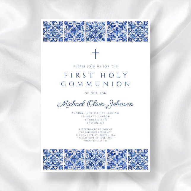 Elegant Blue Tiles Boy First Communion Invitation (Elegant Blue Tiles Boy First Communion Invitation)