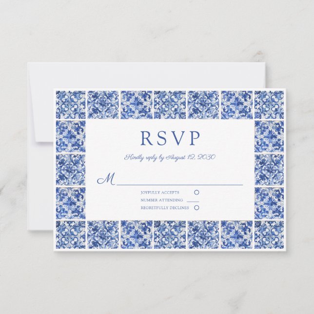 Elegant Blue Tiles Wedding RSVP Card (Front)