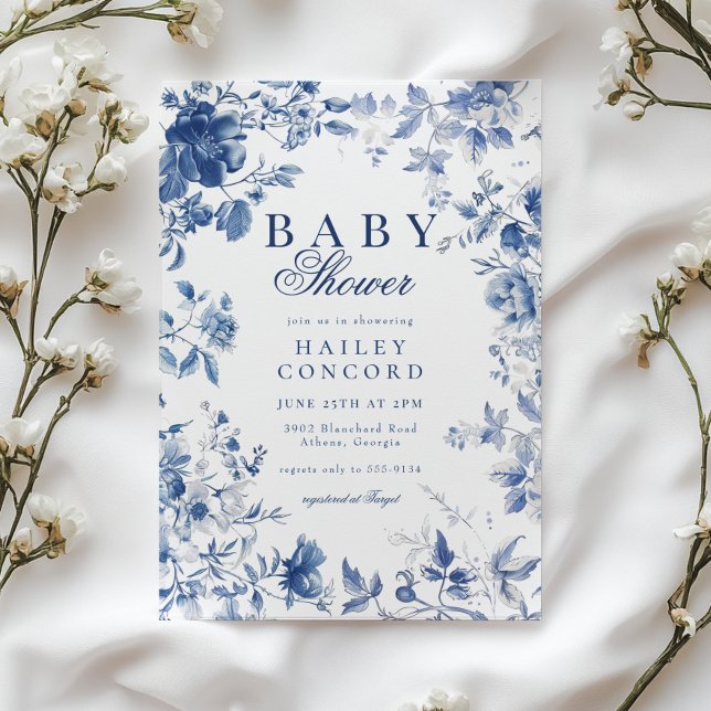 Elegant Blue Toile Chinoiserie Baby Shower Invitation (Creator Uploaded)