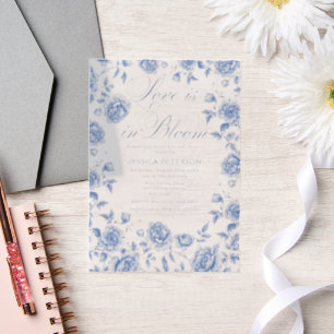 Elegant Blue Toile Chinoiserie Bridal Shower Vellum Invitations