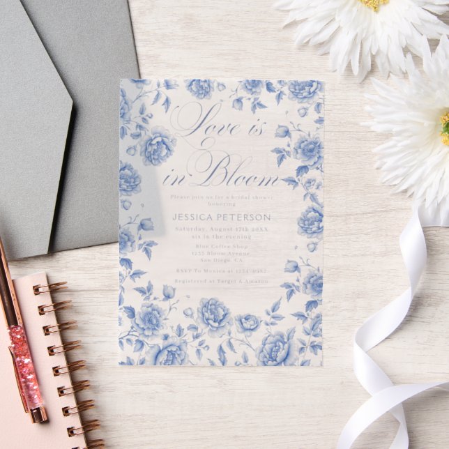 Elegant Blue Toile Chinoiserie Bridal Shower Vellum Invitations (Wedding)