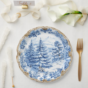 Elegant Blue Toile Christmas Tree Holiday Dining  Paper Plate
