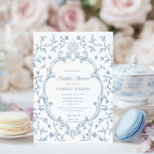 Elegant Blue Toile Crest Bridal Shower Invitation