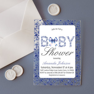 Elegant Blue Toile de Jouy and Bow Baby Shower Acrylic Invitations