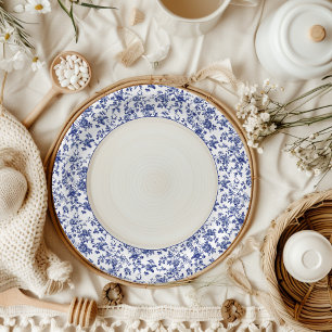 Elegant Blue Toile de Jouy and Bow Baby Shower Paper Plate