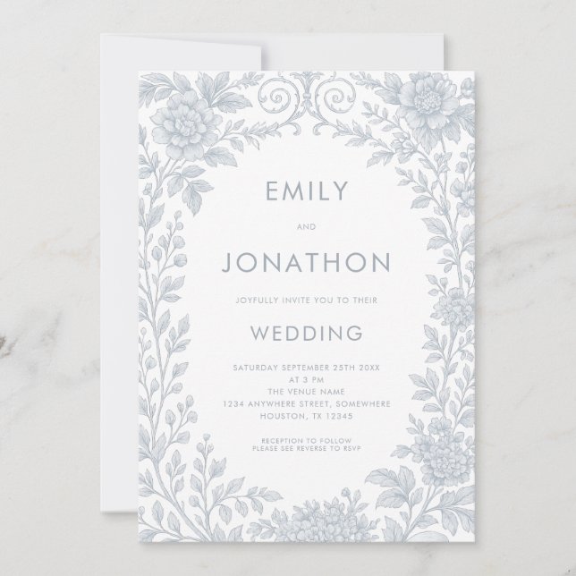 Elegant Blue Toile De Jouy Border QR Code Wedding Invitation (Front)