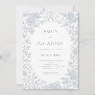 Elegant Blue Toile De Jouy Border QR Code Wedding Invitation