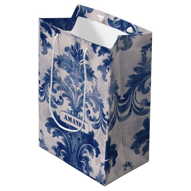 Elegant Blue Toile de Jouy Damask Monogram Medium Gift Bag (Front Angled)