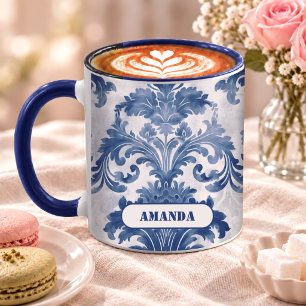 Elegant Blue Toile de Jouy Damask Monogram Mug