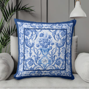 Elegant Blue Toile de Jouy Floral Monogram Cushion