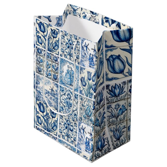 Elegant Blue Toile de Jouy Floral Pattern Medium Gift Bag (Front Angled)