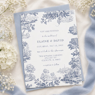 Elegant Blue Toile De Jouy French Vintage Wedding Invitation