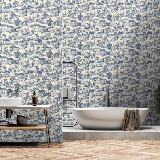 Elegant Blue Toile de Jouy Village Peel & Stick Wallpaper (Bathroom)