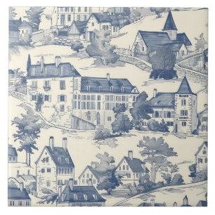 Elegant Blue Toile de Jouy Village Scene Tile