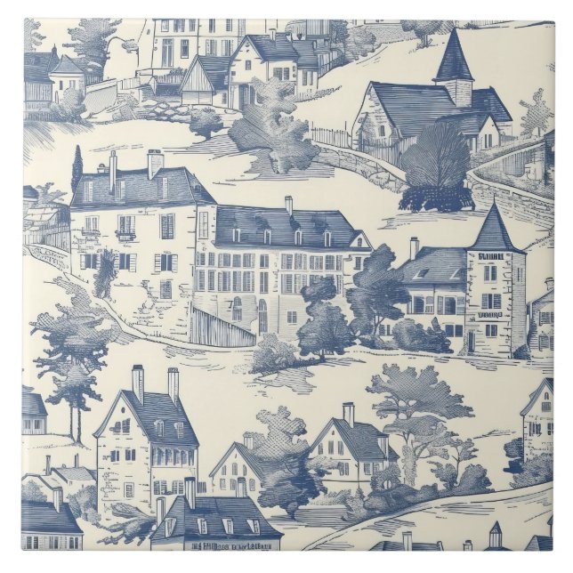Elegant Blue Toile de Jouy Village Scene Tile (Front)