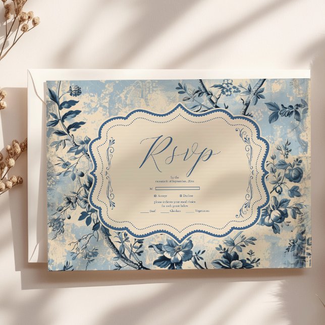 Elegant Blue Toile De Jouy  Wedding RSVP Card (Creator Uploaded)