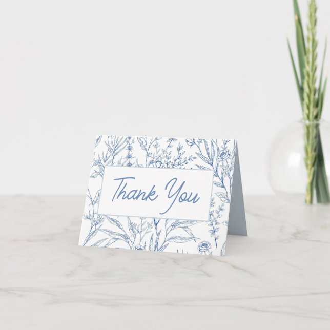 Elegant Blue Toile Floral Blank Thank You Card (Front)