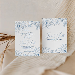 Elegant Blue Toile Floral Graduation Invite