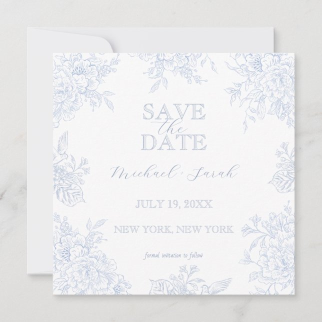 Elegant Blue Toile Floral Square Save the Date  Invitation (Front)